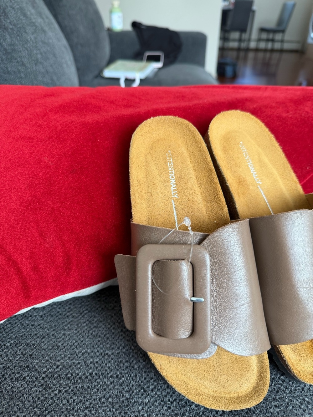 INTENTIONALLY BLANK Taupe Buckle Slide Sandals